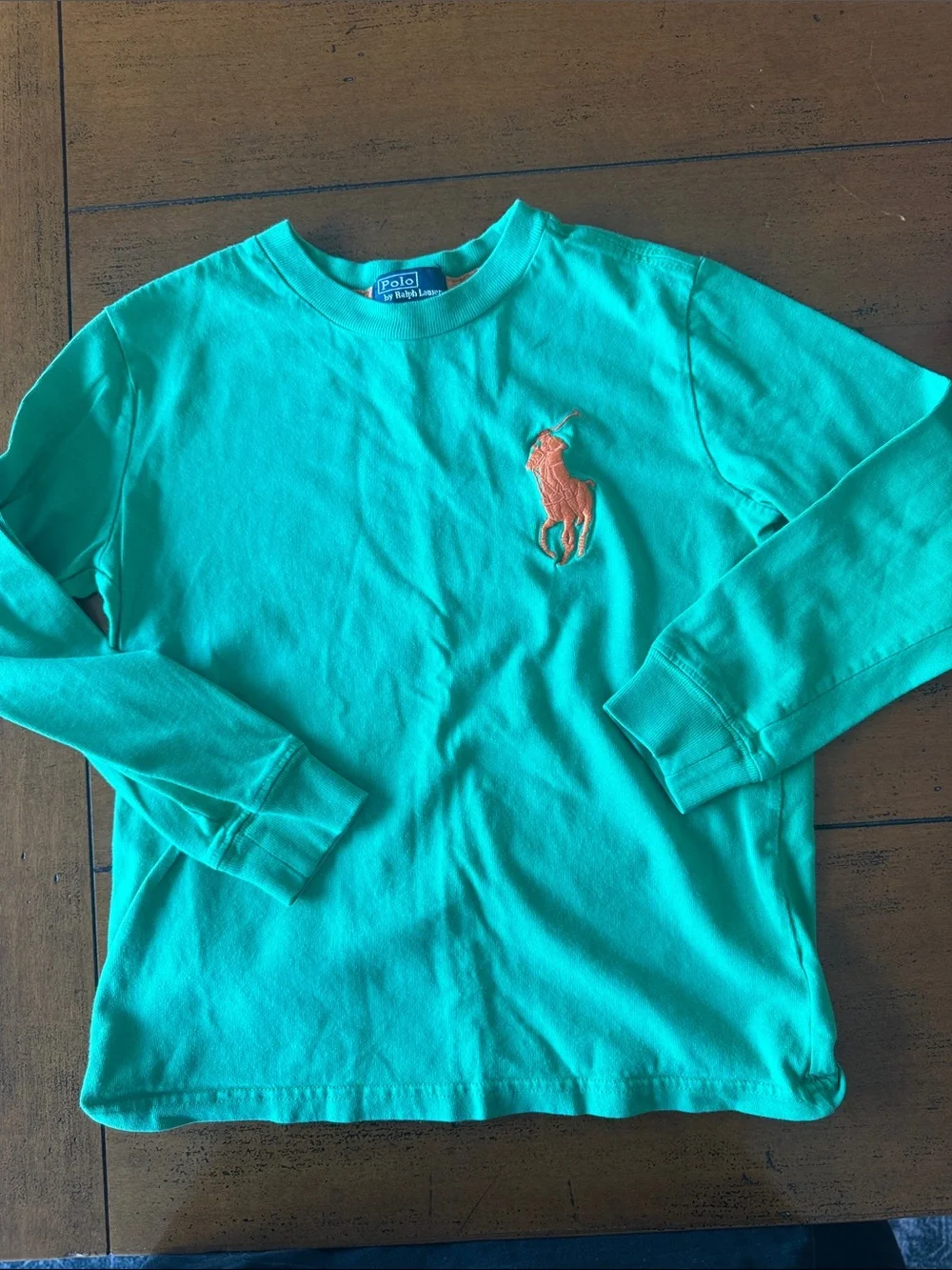 Three Ralph Lauren Long-Sleeve Crewneck Tee in Heather Blue, Red and Green-7
